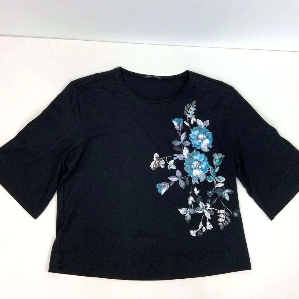 New Sisley Women's Black T-Shirt Floral Print Sz M - Picture 11 of 16
